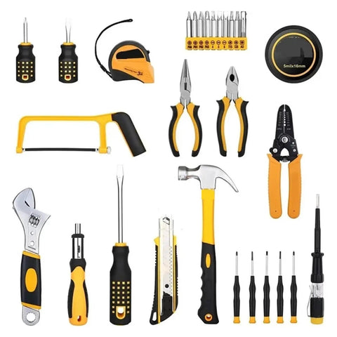 All-In-One 198-Piece Household Hand Tool Set For DIY Home Repairs pictured with various tools and plier kit.