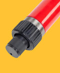 Red hydraulic floor jack pump end with black knurled cap and silver threaded collar