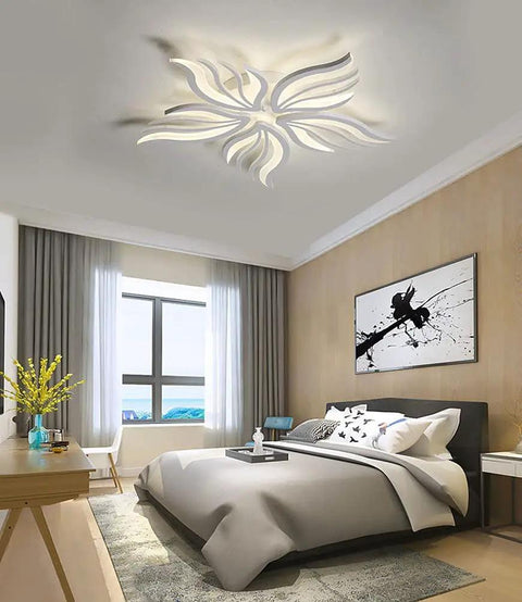 Modern Flower Shaped Dimmable Led Ceiling Light Fixture With Remote Control Acrylic Flush Mount Chandelier in bedroom.