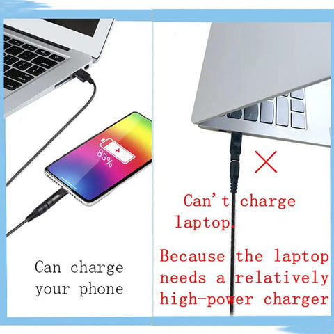 USB To DC 5V Power Cord With 10 Connector Tips For Easy Plug-and-Play Power Across Your Gadgets 5.5x2.1mm Plug Jack Includes 5.5x2.5, 4.8x1.7, 4.0x1.7, 4.0x1.35, 3.5x1.35, 3.0x1.1, 2.5x0.7, Micro USB, Type-C, Mini USB, 5FT. USB-to-DC cable charging a phone from a laptop, not a laptop