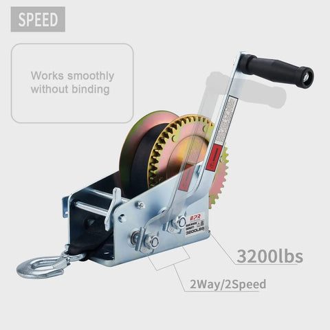 Heavy Duty 3200lbs Boat Winch Hand Crank With 32Ft Strap Two Speed Switchable Trailer Winch For Boats And Heavy Lifting