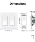 Two Single Pole Rocker Switches With 2 Gang Decora Wall Plate Set, Easy Install Kit With Screws, Fits Standard Electrical Boxes, UL And CUL Certified For Safety, Dope Home Upgrade For Quick, Clean, Modern Switch Panel. 4.64 x 4.52 in dimensions shown