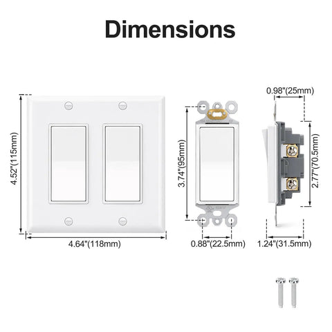 Two Single Pole Rocker Switches With 2 Gang Decora Wall Plate Set, Easy Install Kit With Screws, Fits Standard Electrical Boxes, UL And CUL Certified For Safety, Dope Home Upgrade For Quick, Clean, Modern Switch Panel. 4.64 x 4.52 in dimensions shown