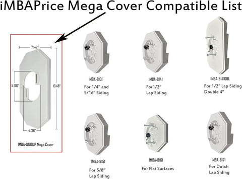 Dimensions and models of IMBAPrice Mega Cover for various vinyl siding types.