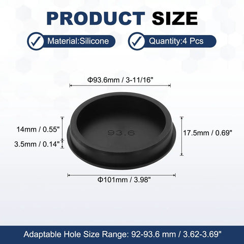 Set Of 4 T Shaped Silicone Plugs 93.3mm Diameter Snap In Seal Hole Covers product size specifications image