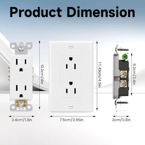 Fifty Pack White Tamper Resistant Power Outlets With Matching Wall Plates Safe Shutters dimensions showing size details for easy installation.