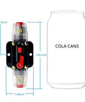 Resettable 100 Amp Fuse Circuit Breaker for Car Audio Systems 12 to 24V DC Overload Protection for Amplifiers next to cola can