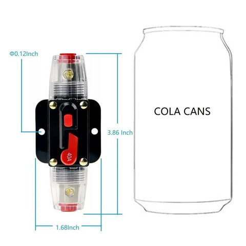 Resettable 100 Amp Fuse Circuit Breaker for Car Audio Systems 12 to 24V DC Overload Protection for Amplifiers next to cola can