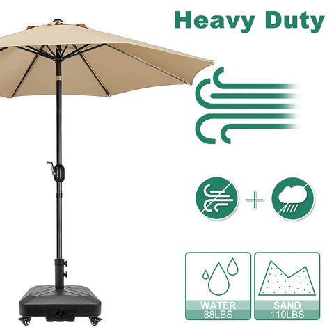 Heavy Duty Patio Umbrella Base With Wheels For Outdoor Square Market Stand, 4 Locks And 2 Knobs, Holds Sand Or Water, Stable 41.8 Pound Capacity, Black shown with umbrella setup and stability features