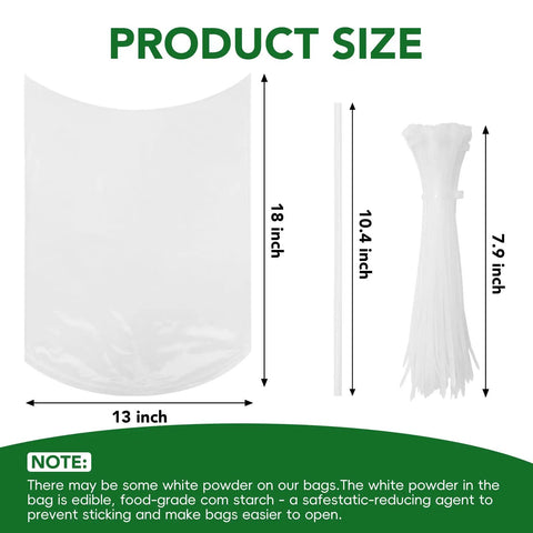 Clear 13x18 Inch Poultry Shrink Bags 100 Pack With 100 Zip Ties And Silicone Straw For Freezing, Marinating, Brining Chicken, Turkey And Rabbit Meat 5 To 14 Lbs., product size chart with 13 inch by 18 inch bag and accessories