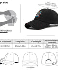 Adjustable Mens Hat With Front Artwork Ventilated Mesh Crown Breathable Cap size chart and design details.