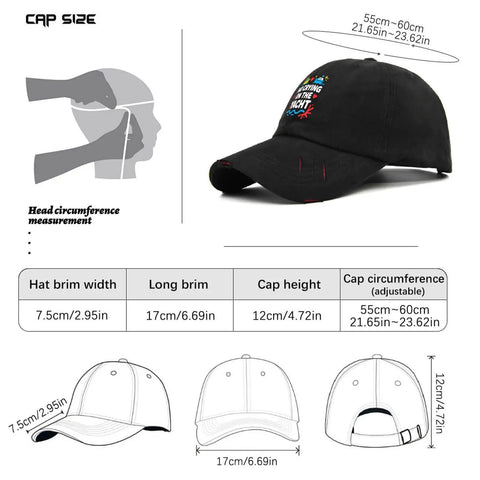 Adjustable Mens Hat With Front Artwork Ventilated Mesh Crown Breathable Cap size chart and design details.
