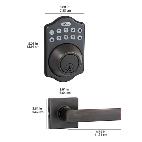 Traditional Electronic Keypad Keyless Entry Door Lock And Motorized Deadbolt With Handle Set For Front Door Security In Oil Rubbed Bronze Finish No Fuss Quick Install And Rock Solid Build 6 Pack dimensions showing keypad and handle.