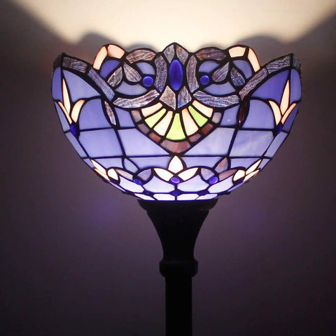 Dope Tiffany Style Floor Lamp With Blue Purple Baroque Stained Glass 71 Inch Tall Torchiere Pole Light 12 Inch Shade close-up