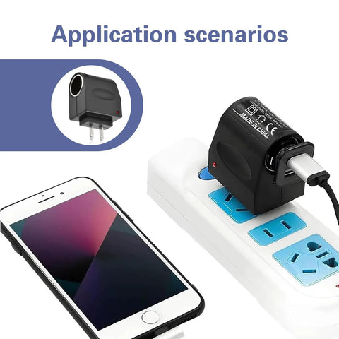 Plug Right Into Your Wall With This Beefy AC To DC Power Converter Transformer Steps Down 220V Household Juice To 12V Cigarette Lighter Socket For Powering Car Vacuums Coolers And Tire Inflators Hassle Free Anywhere You Roam, shown plugged into an outlet with a smartphone charging.