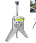 Front view of upgraded pipe center finder with 4" Y-type base, adjustable dial bubble protractor, and hex key.