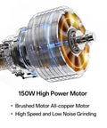 Hitting The Sweet Spot With Next Level Electric Single Dose Coffee Grinder 83Mm Steel Conical Burrs Stepless Adjustment And Zero Static Control For Barista Grade Espresso Filter Brews Black showing the 150W high power motor.