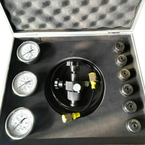Pro Grade Hydraulic Nitrogen Accumulator Charging Kit For Pressure Testing, 400 Bar 6000 PSI Inflatable Tool With Gas Valve Hose Assembly, Case And 7 Interchangeable Adapters UNF BSP M14 Fits Most Accumulators