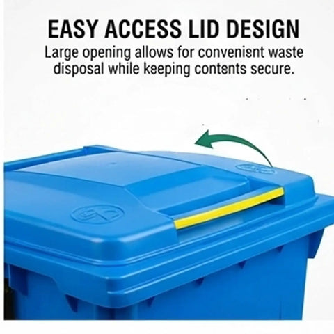 All Season Heavy Duty Outdoor Trash Roll Cart With Spacious Commercial Waste Bin And Smooth Caster Wheels Built For Daily Garbage Hauling And Straight Shooter Cleanup Work, easy access lid feature.