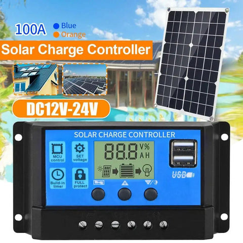 High Capacity 100A Solar Charge Controller With Dual USB Ports 12V And 24V System Compatibility Advanced PWM Power Tracking Tech Smart Battery Regulation Adjustable LCD Display Street Light Controller Blue, showing blue casing and USB ports.