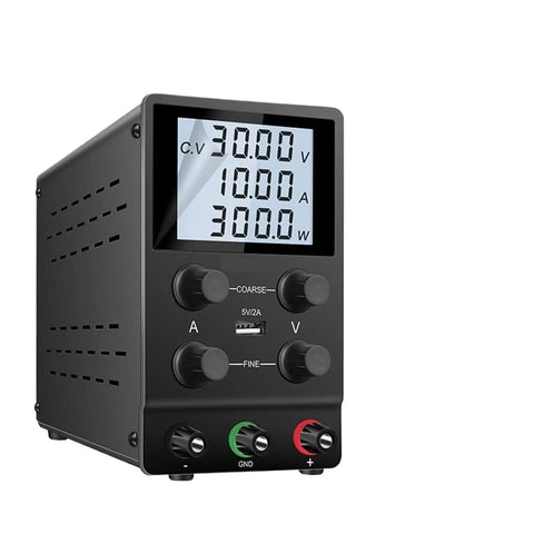 Adjustable DC Bench Power Supply 30V 10A And 5A With RS 232 Control, front view showing display and knobs.