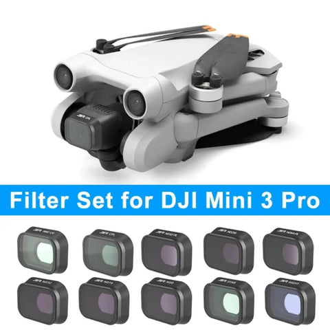 Pro-Grade Drone Lens Filter Kit For Mavic Mini 3 Pro With MCUV CPL And ND8 ND16 ND32 ND64 ND256 Filters next to folded drone