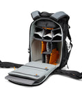 ProTactic BP 350 AW III 17L Camera Backpack open showing adjustable dividers, ergonomic straps, and 210D nylon ripstop material.