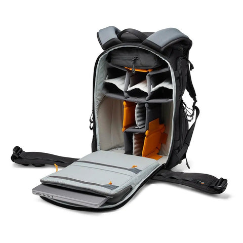 ProTactic BP 350 AW III 17L Camera Backpack open showing adjustable dividers, ergonomic straps, and 210D nylon ripstop material.