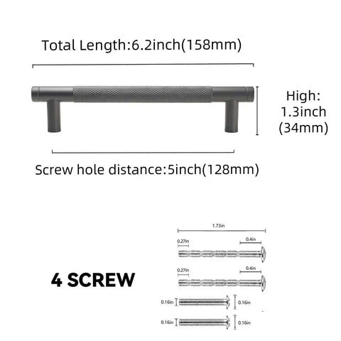 10 Pack 5 Inch Knurled Cabinet Pulls Matte Black Drawer Handles Slick Grip For Kitchen Cupboards detailed dimensions and screw specifications.