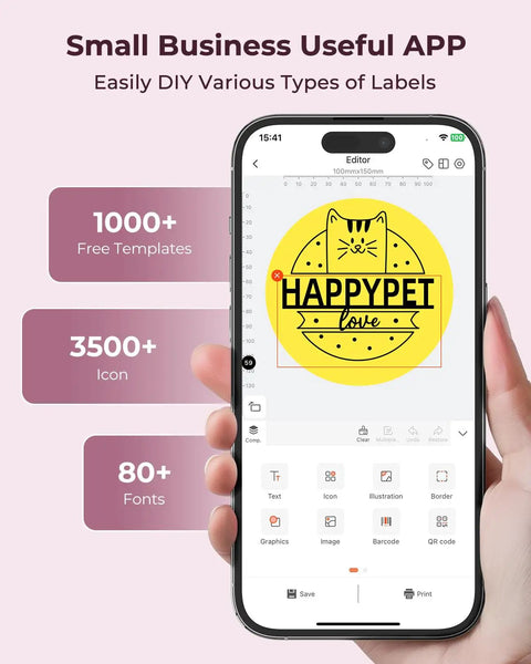 Smartphone displaying label design app for Bluetooth Thermal Label Printer 941BP Wireless 300DPI 4x6 Shipping Labels, templates shown.