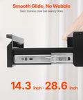 Close-up of Total Game Changer Hella Smooth Slide Out Under Desk Drawer For Sit Stand Workstation, showing stainless steel slide, 14.3 inch length.
