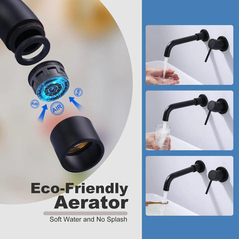 Matte Black Wall Mount Bathroom Faucet with Single Handle, eco-friendly aerator detail for seamless water flow and splash control.