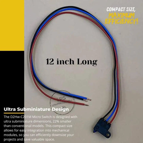 Kickass Ultra Subminiature Micro Switch Featuring A Pin Plunger Actuator And SPDT Layout with 12 inch wire leads.