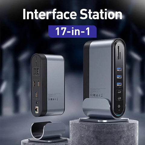 Reliable 17 In 1 USB C Hub Runs Like Clockwork With Zero Mess Plug In Setup showing multiple ports and sleek design on display.