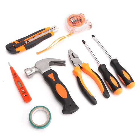 9 Piece Home Repair Tool Kit With Screwdrivers, Pliers, Hammer, Utility Knife, Digital Electric Pen, Ruler, Electrical Tape, And Storage Box