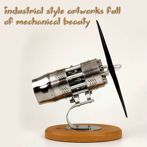 Hands On 16 Cylinder Swash Plate Stirling Engine Model Kit With Butane Power Stainless Steel Body And Bamboo Base For STEM Education shown on bamboo base