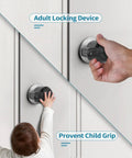 No Sweat Combo Door Knob Lock Child Proof Cover Seals Keyholes For Bedroom And Bath Faucets Water Gas Valves, shown in use with a child and adult.