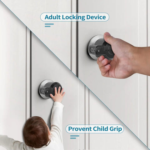 No Sweat Combo Door Knob Lock Child Proof Cover Seals Keyholes For Bedroom And Bath Faucets Water Gas Valves, shown in use with a child and adult.