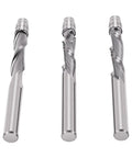 Top Gritty Up Down Spiral Flush Trim Router Bit With 1/4 Inch Shank Made From Hard Tungsten Steel For Clean Cuts And Less Heat On CNC Milling Projects Perfect For Pros, three bits shown at different angles.