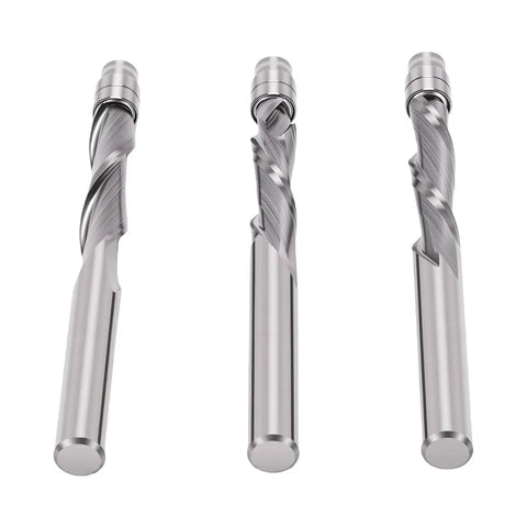 Top Gritty Up Down Spiral Flush Trim Router Bit With 1/4 Inch Shank Made From Hard Tungsten Steel For Clean Cuts And Less Heat On CNC Milling Projects Perfect For Pros, three bits shown at different angles.