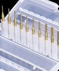 10 titanium-coated engraving milling cutter carbide bits with 1/8in shank, 0.8–3mm range, in a clear plastic case