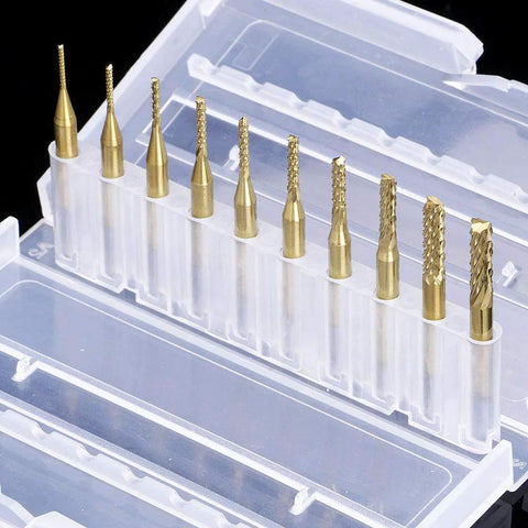 10 titanium-coated engraving milling cutter carbide bits with 1/8in shank, 0.8–3mm range, in a clear plastic case
