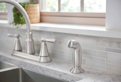 Hutchinson Spot Resist Stainless 2-Handle High Arc Kitchen Faucet With Side Sprayer installed on marble countertop