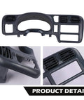 Front view of dark gray G-PLUS dash bezel for Chevy Blazer/S10/Jimmy/Sonoma (1998–2004); side profile and vent detail.