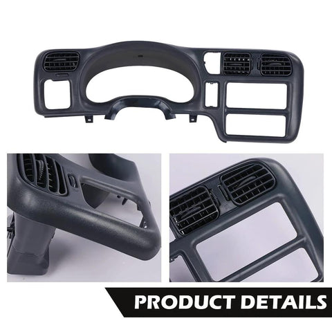Front view of dark gray G-PLUS dash bezel for Chevy Blazer/S10/Jimmy/Sonoma (1998–2004); side profile and vent detail.