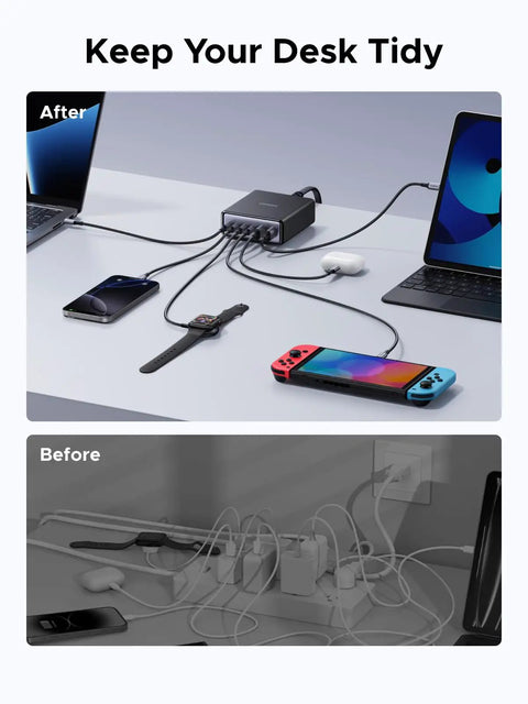 Six Port GaN Desktop Charger With 100W USB C Power Hub neatly organizing multiple devices on a desk