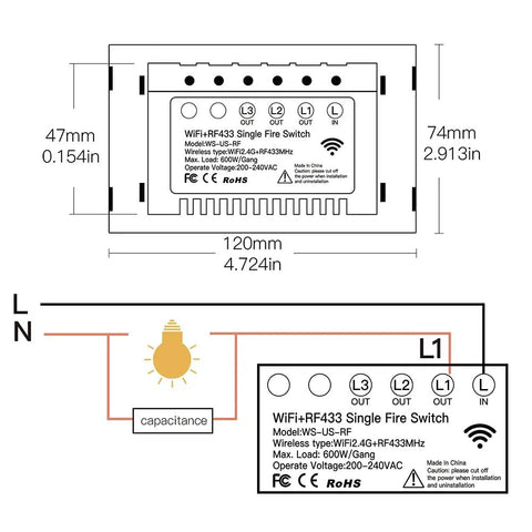 Touch Wall Smart Switch No Neutral Needed For Single Pole 110V 1 Gang 2.4GHz WiFi RF433 Works With Smart Life Tuya App Alexa And Google Home wiring diagram
