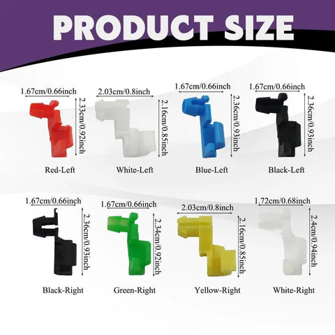 Product size chart for 80Pcs Door Lock Rod Clips Kit For Easy Door And Tailgate Repairs, showing various color and size options.