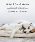Dog and cat sleeping on bed with "Quiet & Comfortable" text highlighting quiet motor benefits of Compact 16 Inch Ceiling Fan With Lights And Remote App Control For Bedroom Or TV Room Low Profile Flush Mount 6 Speeds Quiet Reversible DC Motor Smart Timing Brown Wood 5 Blade Design.