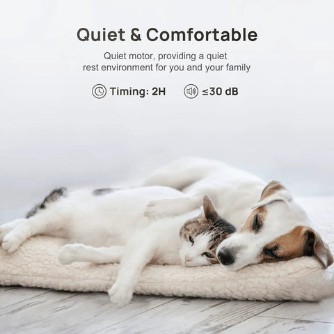 Dog and cat sleeping on bed with "Quiet & Comfortable" text highlighting quiet motor benefits of Compact 16 Inch Ceiling Fan With Lights And Remote App Control For Bedroom Or TV Room Low Profile Flush Mount 6 Speeds Quiet Reversible DC Motor Smart Timing Brown Wood 5 Blade Design.